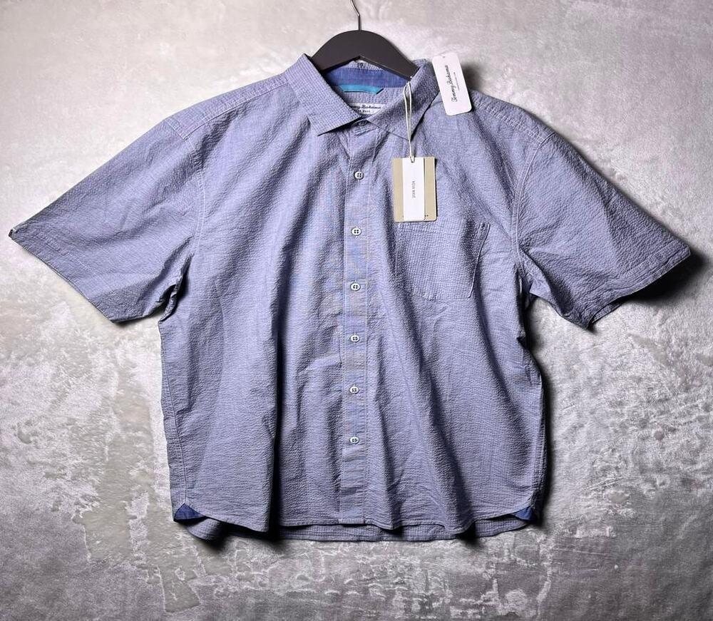 NWT Tommy Bahama Nova Wave Camp Button Up Shirt Men's L Blue Stretch Seersucker